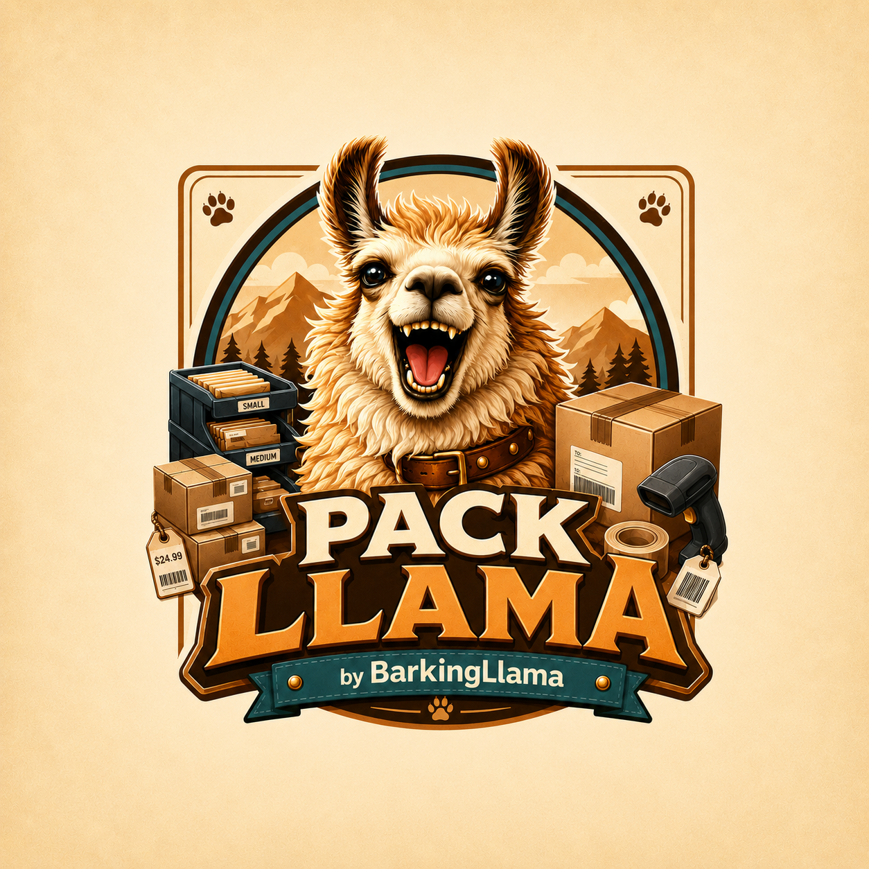 PackLlama mascot with shipping boxes, inventory bins, labels, and a barcode scanner